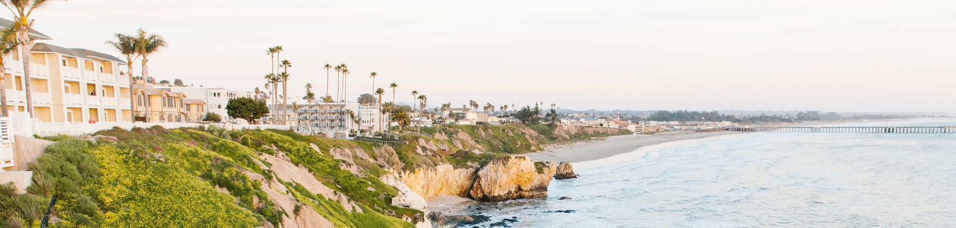 Coastal cliffside neighborhood with buildings, palm trees, and a long pier stretching along the calm ocean, under a pale sky.