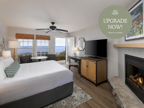 A cozy hotel room with a king bed, sitting area by the window, and a lit fireplace, plus a TV and upgrade sticker.