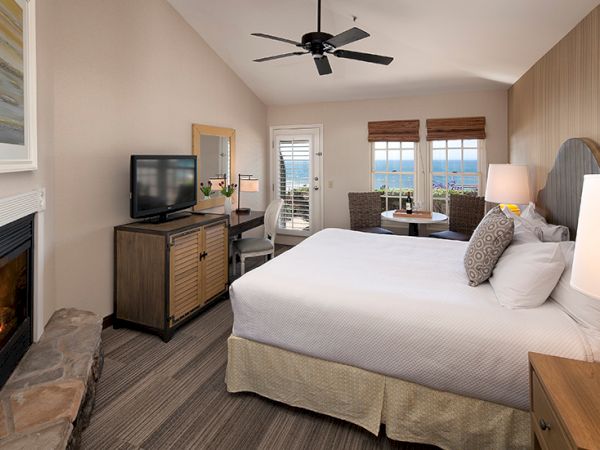 A modern hotel room with a king bed, flat-screen TV on a dresser, a fireplace, a seating area by large windows, and warm neutral decor.