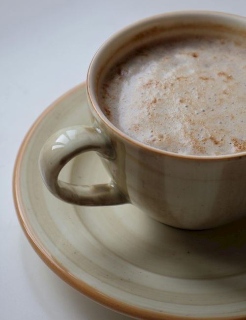 A close-up of a light brown coffee cup with frothy cappuccino foam on top, sitting on a matching saucer.
