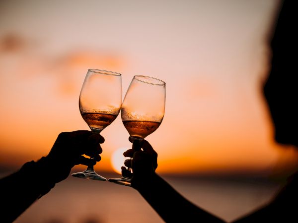 Two people clink wine glasses against a sunset, sharing a toast.