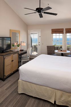 A cozy hotel room with a king bed, seating area by the window, a fireplace, TV on a dresser, and a balcony view over the water; bright and inviting.