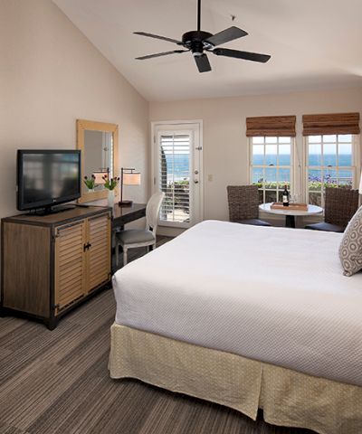 A cozy hotel room with a king bed, seating area by the window, a fireplace, TV on a dresser, and a balcony view over the water; bright and inviting.