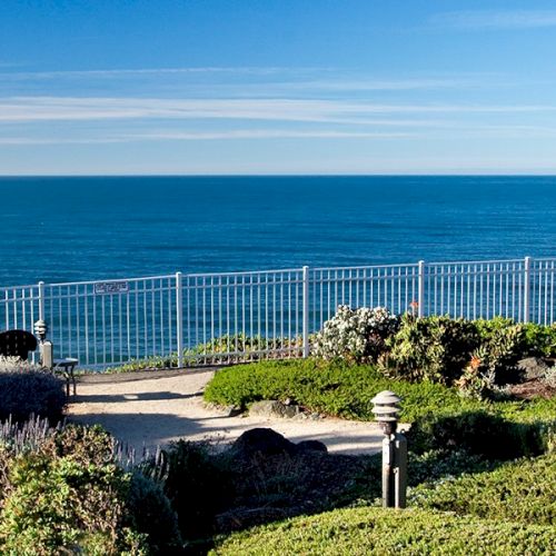 A sunny beach with clear blue water, palm trees, and a few people enjoying the shore, under a bright, cloudless sky.