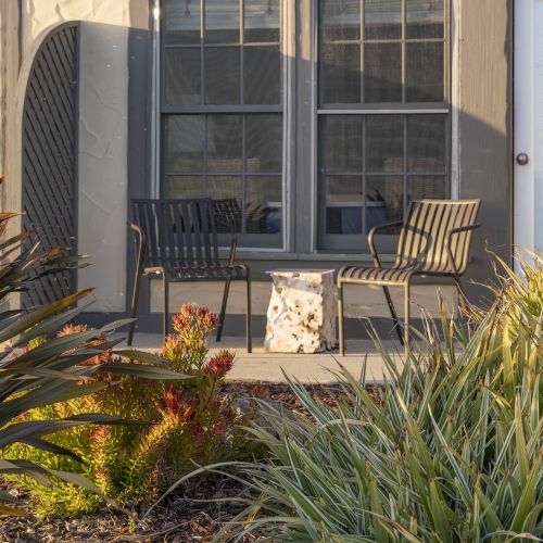 A cityscape with modern buildings, palm trees in foreground, and a clear sky, framed by greenery.