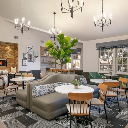 A cozy, modern lounge with a stone fireplace, green plants, mixed seating, and patterned tile flooring, perfect for relaxing and socializing.